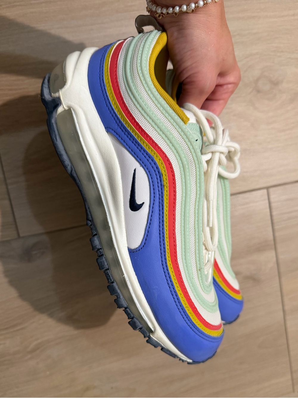 Nike Kids Air Max 97 — Pastel Green with Blue & Rainbow Accents
